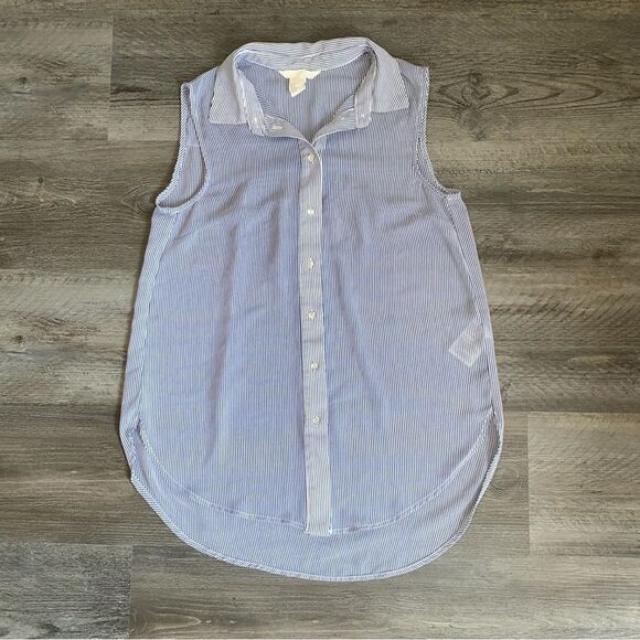 H&M Sleeveless Blouse Navy White Stripe Button Down Semi Sheer - Picture 2 of 7